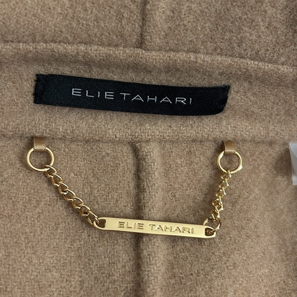 ELIE TAHARI Wool Mini Houndstooth Oversized tan brown Collar Belted Wrap Coat L - Picture 7 of 9
